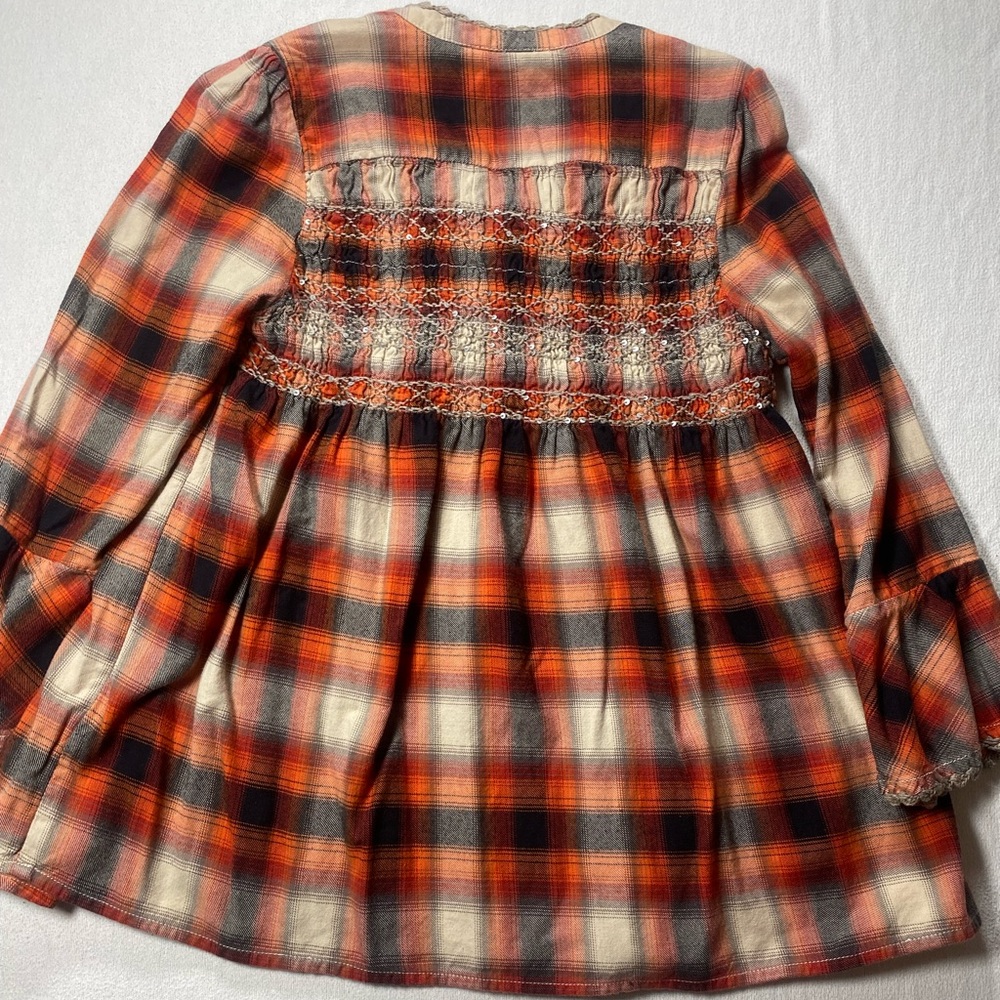 Sundance Orange Black Cream Plaid Peasant Top - Picture 8 of 8